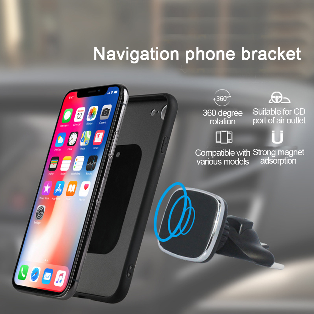 Ein Telefon mit Apps in einer schwarzen Hülle. Ein magnetischer Telefonhalter ist angebracht. Der Text lautet Navigation Telefonhalterung.
