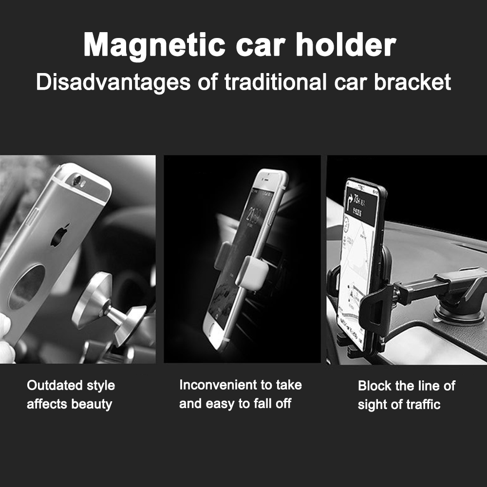 Das Bild zeigt Telefonhalter: veraltetes Design, umständliche Bedienung und Sichtbehinderung. Der Text lautet 'Magnetische Autohalterung' und 'Nachteile'.