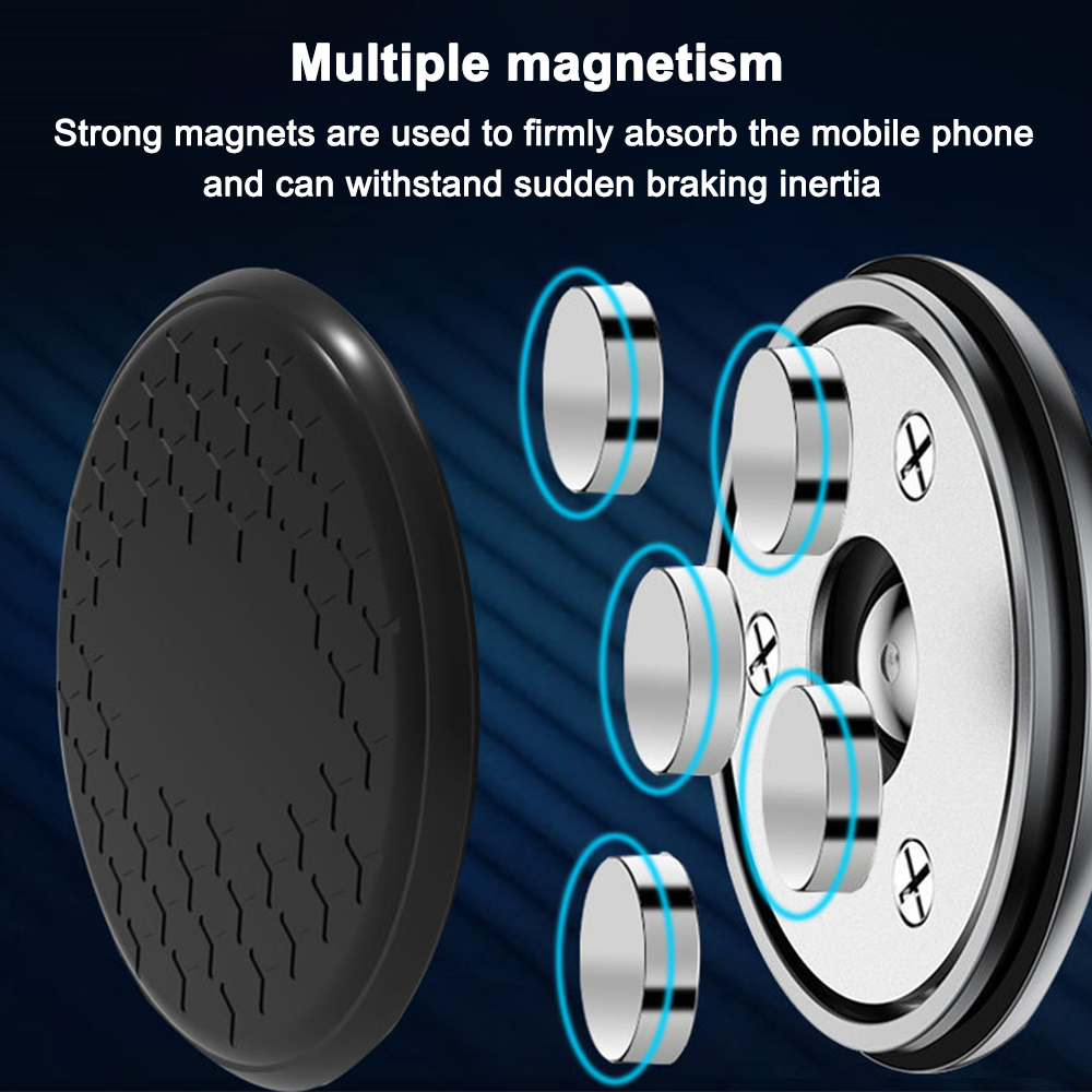 Das Bild zeigt einen schwarzen magnetischen Telefonhalter mit mehreren Magneten. Text erklärt die magnetische Stärke und Telefonabsorption.