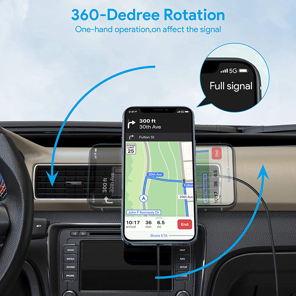 Ein Telefon in einer Autohalterung zeigt eine Navigationskarte an. Das Telefon zeigt vollen Empfang an. Blaue Pfeile zeigen die Drehung an.