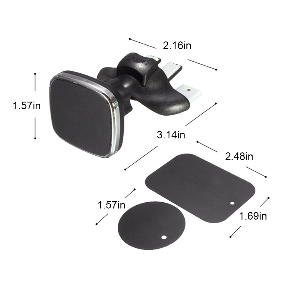 Ein schwarzer Handyhalter fürs Auto mit Maßen. Enthält einen Magnetkopf, Clip und zwei Metallplatten in verschiedenen Formen und Größen.