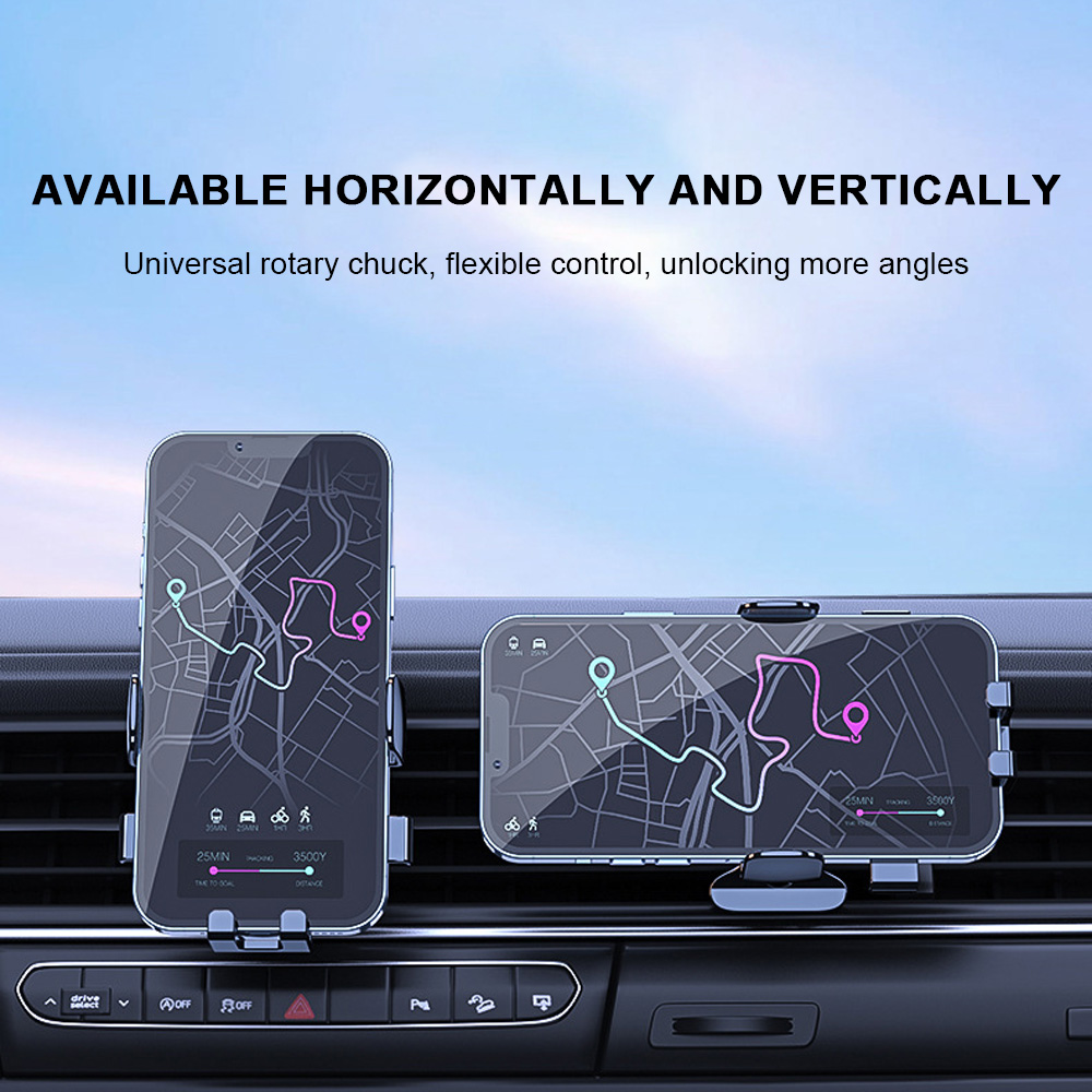 Zwei Telefone in Autohaltern mit Karten. Über dem Text steht 'Horizontal und vertikal verfügbar'.