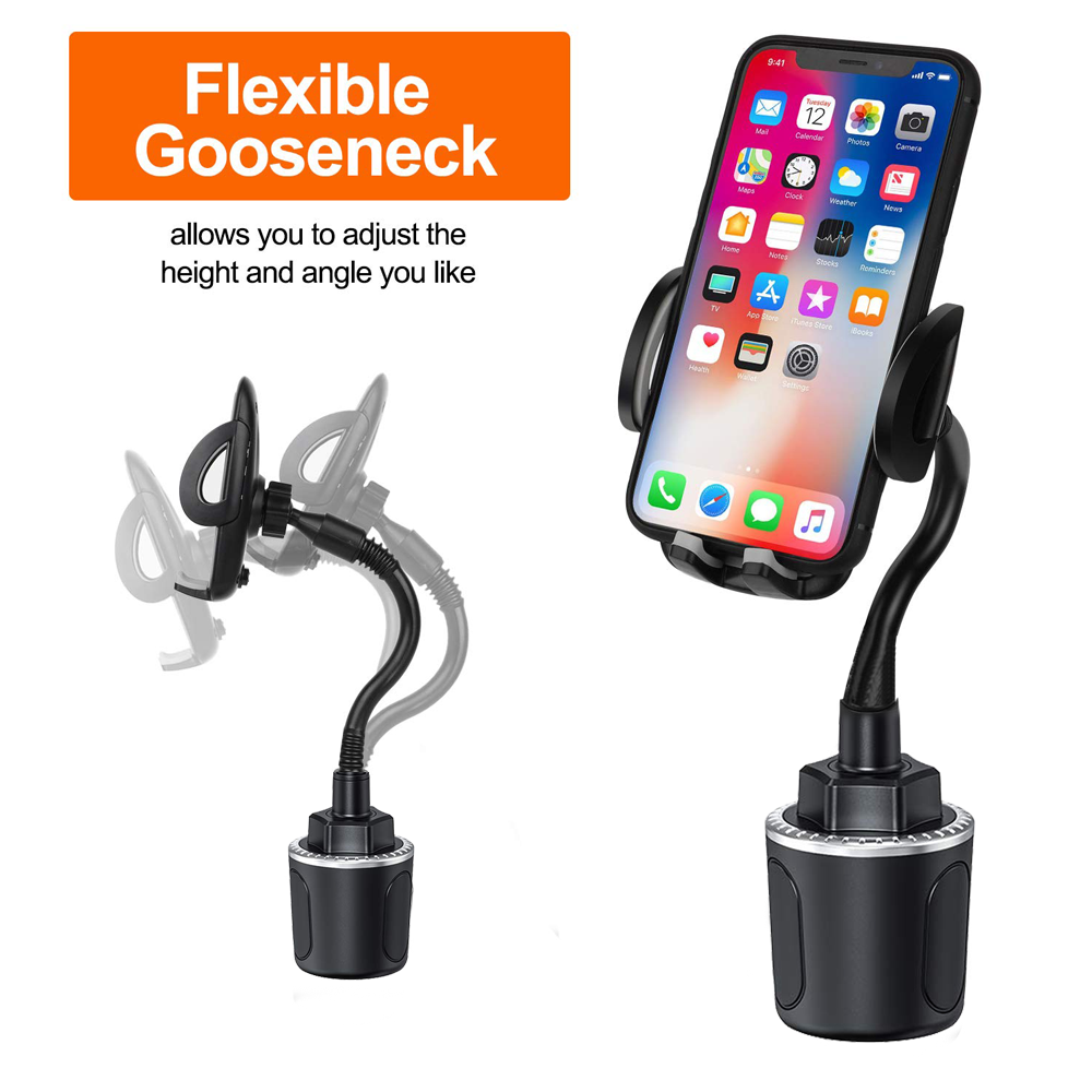 Ein schwarzer Telefonhalter mit flexiblem Schwanenhals. Das Telefon ist montiert und zeigt den Startbildschirm. Text: 'Flexible Gooseneck'.