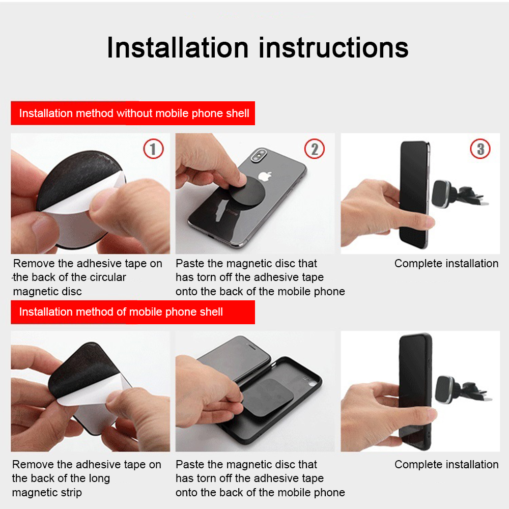 Installationsanleitung zeigt Schritte zum Anbringen einer Magnetscheibe an einem Telefon. Beinhaltet das Entfernen von Klebeband und das Anbringen am Telefon oder der Hülle.