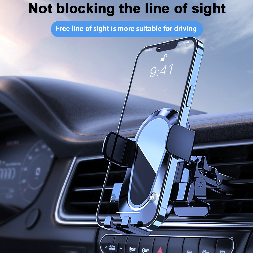 Ein Telefon ist an einer Auto-Luftöffnung montiert. Auf dem Telefon wird 9:41 angezeigt. Text sagt: 'Sicht nicht blockierend'.