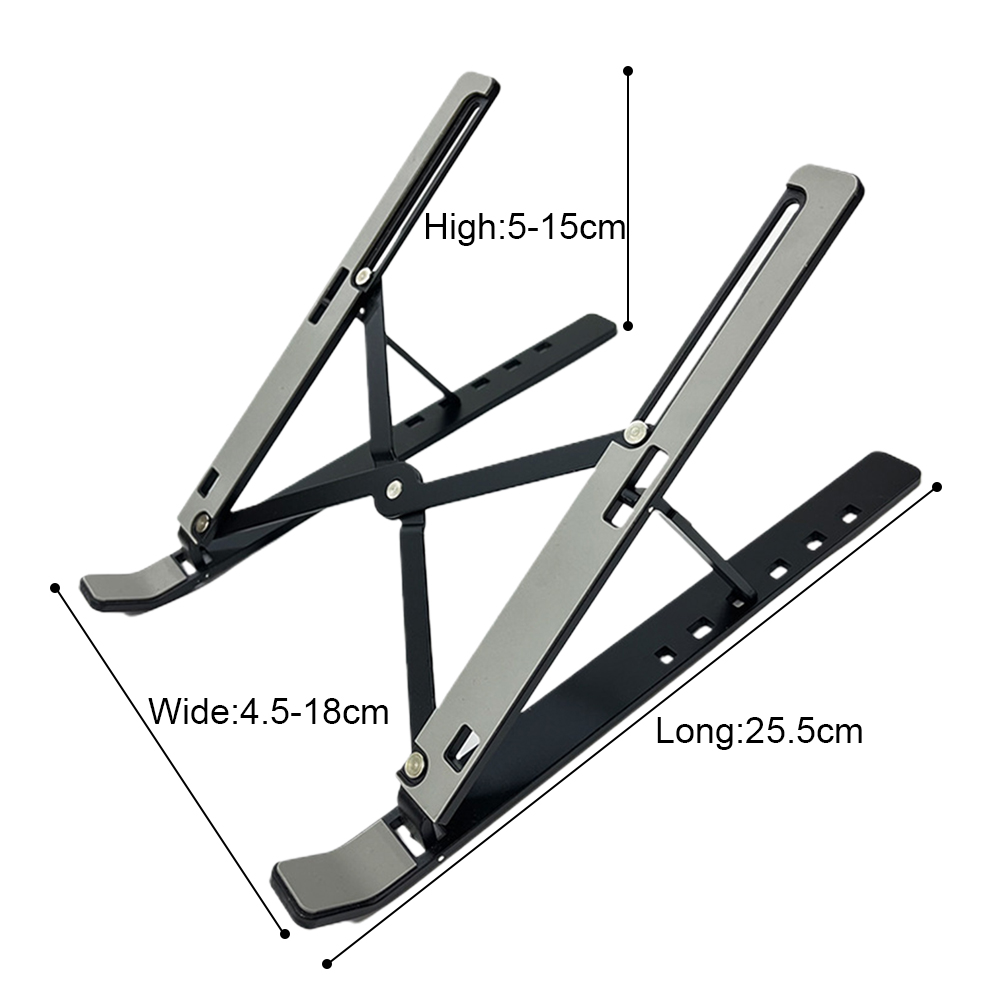 Ein schwarz-silberner Laptop-Ständer wird angezeigt. Maße sind beschriftet: Höhe 5-15 cm, Breite 4,5-18 cm, Länge 25,5 cm.