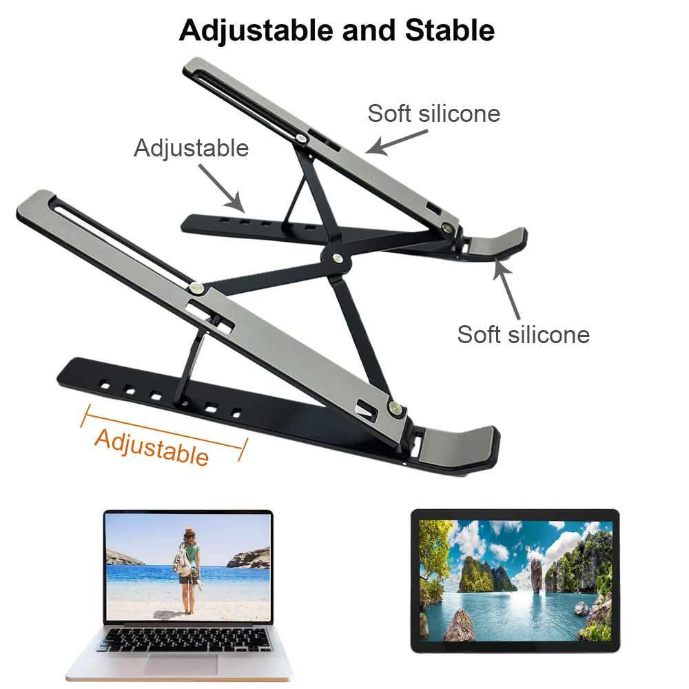 Ein verstellbarer Laptop-Ständer mit einem Laptop und Tablet am Boden. Der Ständer ist silber und schwarz mit weichen Silikonteilen.