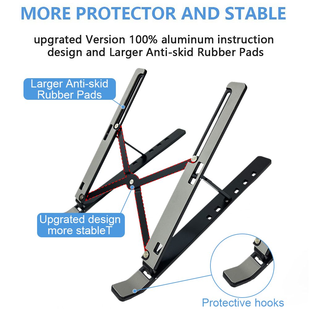 Zwei Laptop-Ständer, schwarz und silber. Text hebt Merkmale hervor: Anti-Rutsch-Pads, verbessertes Design, Schutzhaken und stabiler Halt.