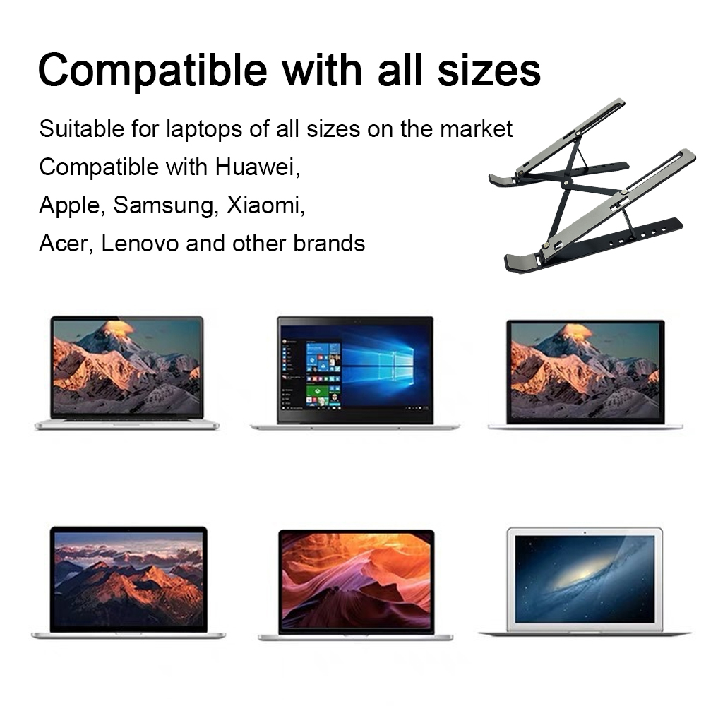 Bild zeigt einen Laptop-Ständer und mehrere Laptops. Text lautet 'Kompatibel mit allen Größen' und listet kompatible Marken auf.