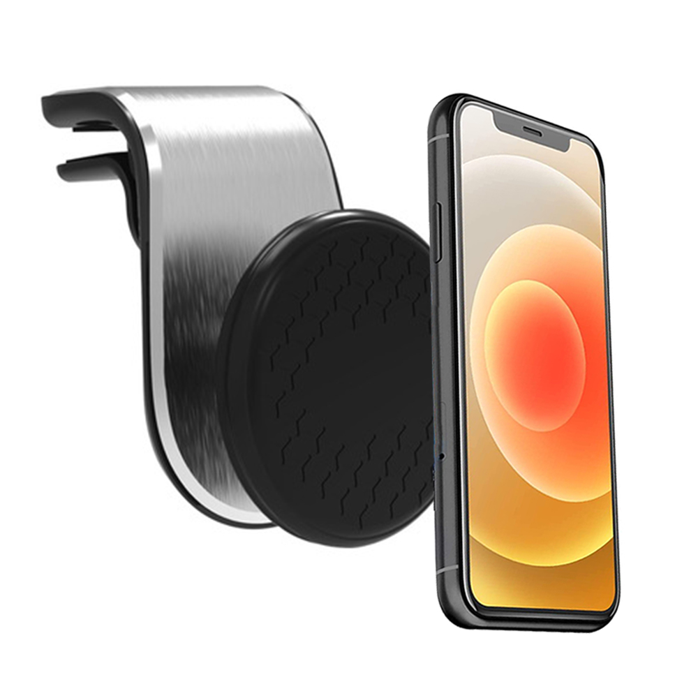 Ein Telefon befindet sich neben einer Kfz-Lüftungshalterung. Das Telefon hat einen schwarzen Rahmen und einen Bildschirm mit Farbverlauf.
