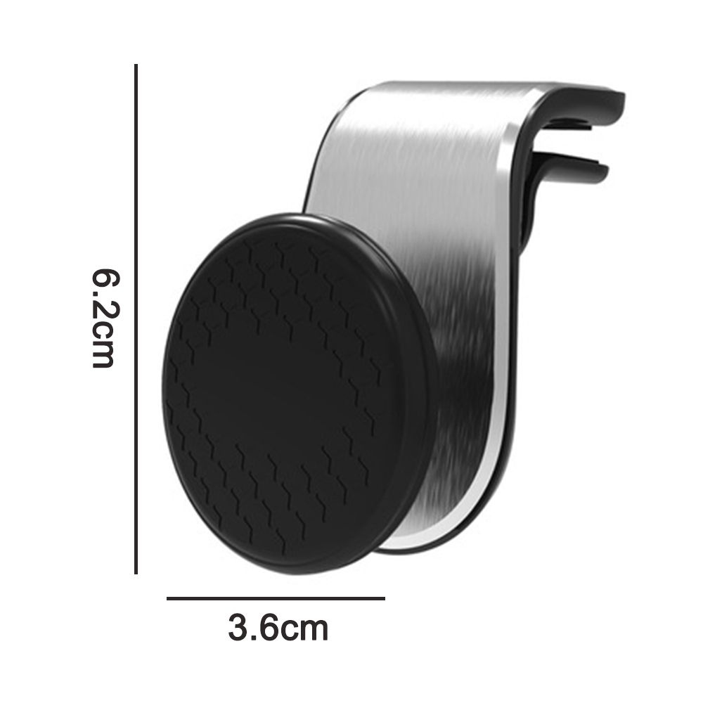 Ein Handyhalter für die Autolüftung. Er hat ein schwarzes, kreisförmiges Magnetpad, das an einem silbermetallischen Clip befestigt ist. Maße: 6,2 cm x 3,6 cm.