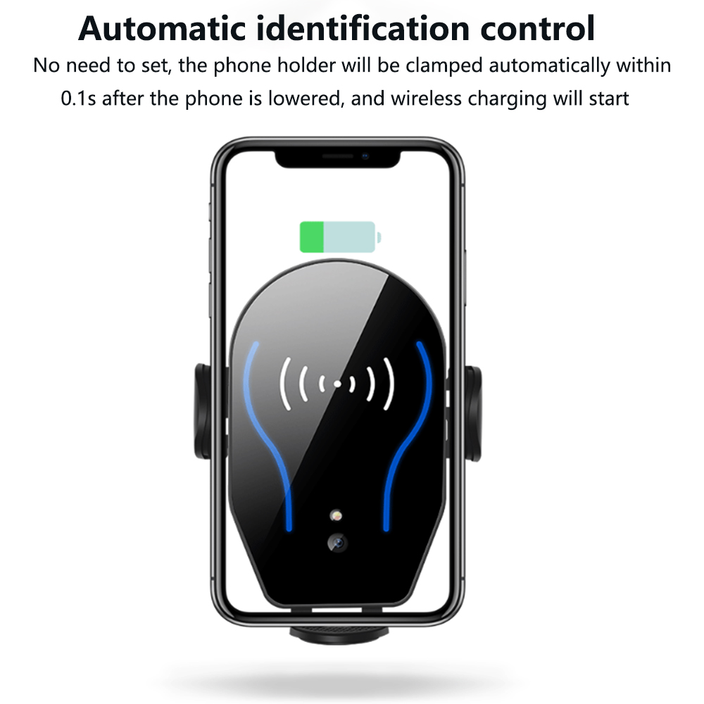 Ein Smartphone in einer Halterung wird gezeigt. Das Telefon zeigt einen Ladestatus an. Text beschreibt automatisches Klemmen und kabelloses Laden.