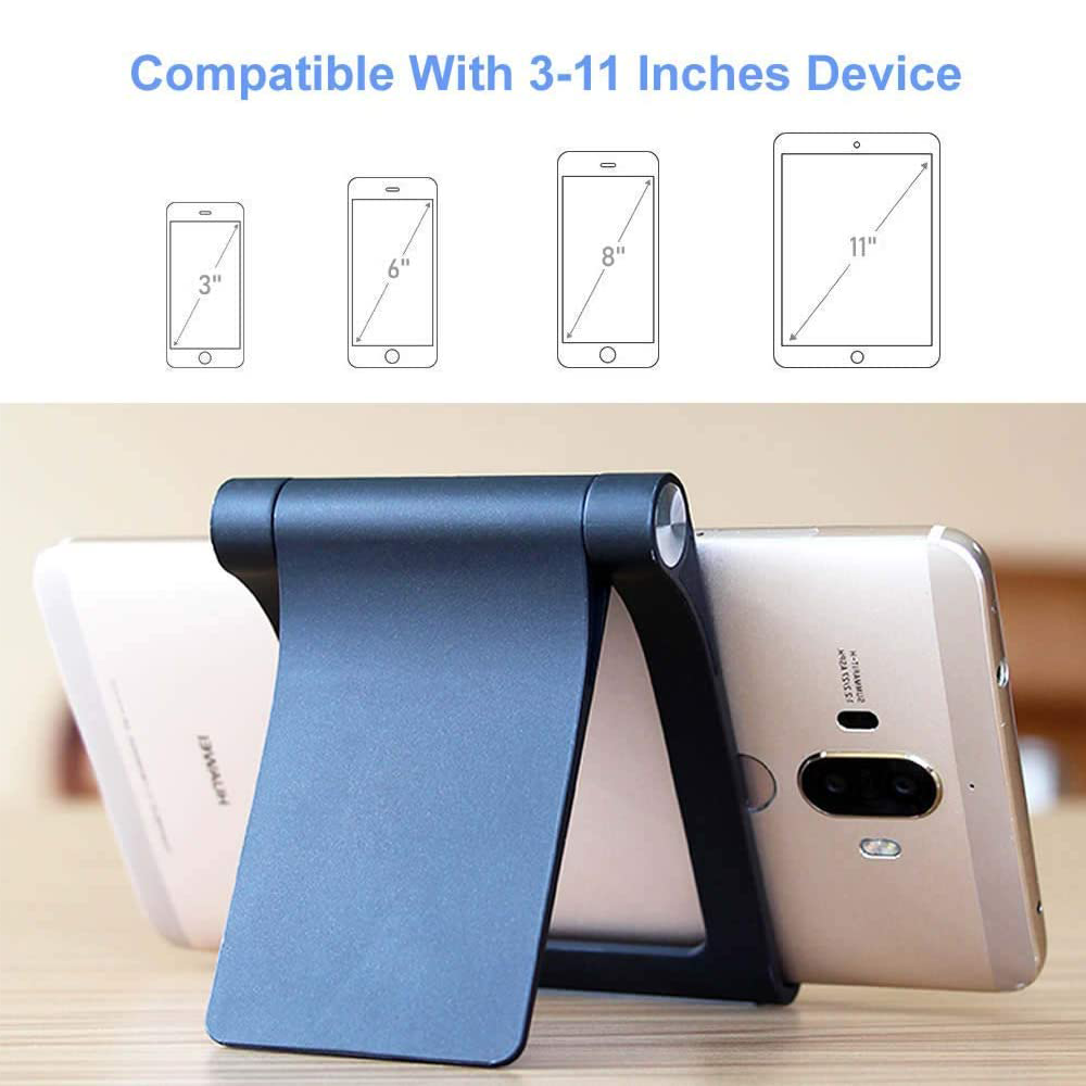 Ein schwarzer Telefonständer hält ein Telefon. Oben sind Telefonumrisse mit den Größen 3", 6", 8" und 11". Text sagt "Kompatibel mit 3-11 Zoll Gerät".