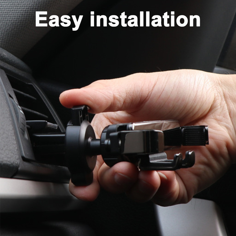 Eine Hand hält eine schwarze Autotelefonhalterung. Die Halterung wird in die Lüftung eines Autos eingesetzt. Text sagt 'Einfache Installation'.