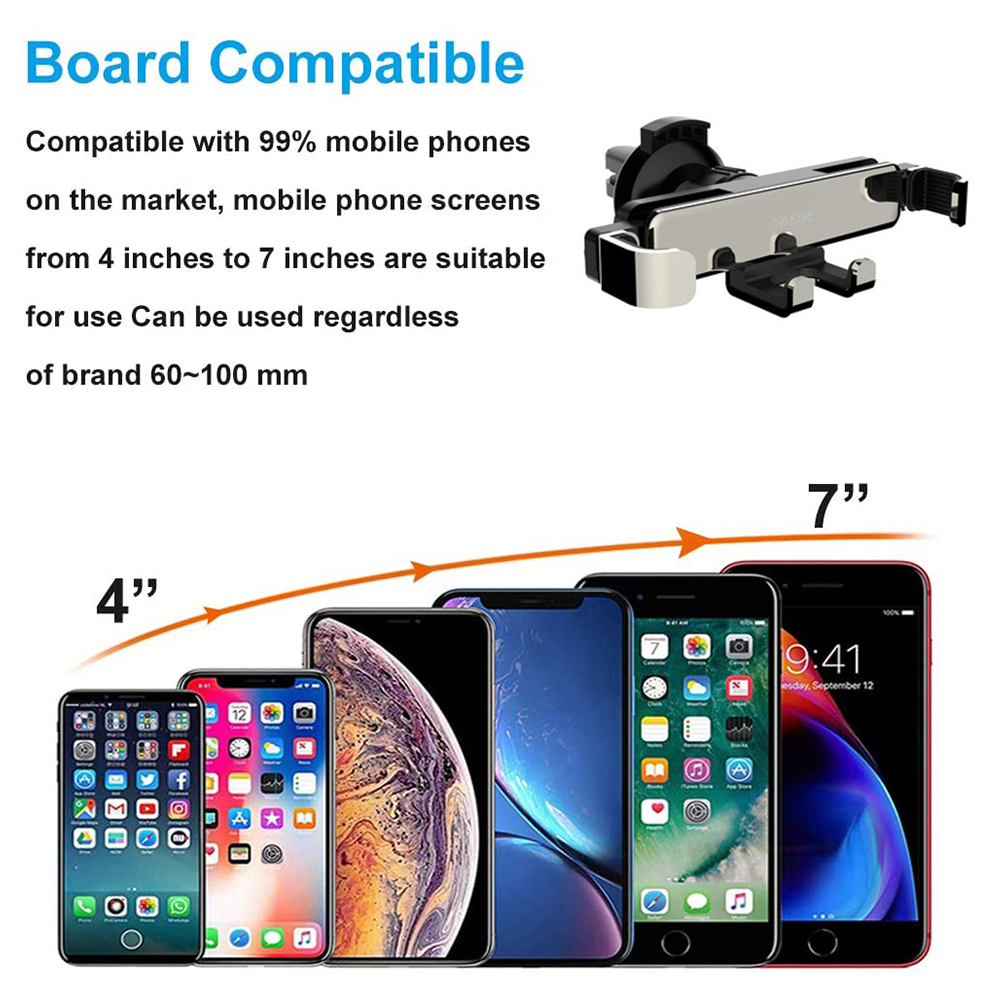Das Bild zeigt einen Telefonhalter und verschiedene Smartphones. Text besagt Kompatibilität mit 4-7 Zoll Telefonen. Größen mit Pfeilen.