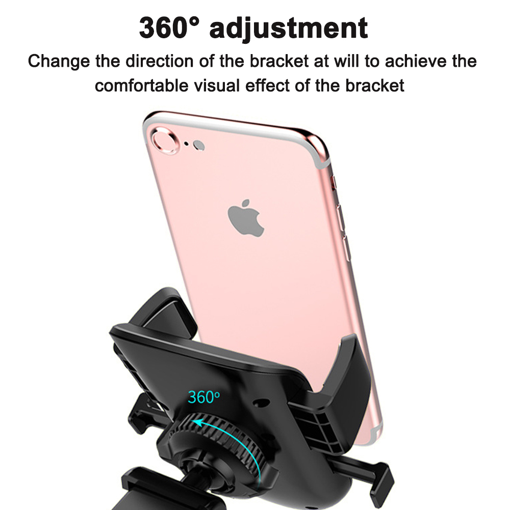 Ein rosa iPhone in einer schwarzen Telefonhalterung. Text sagt '360° Einstellung'. Der Halter kann sich um 360 Grad drehen.