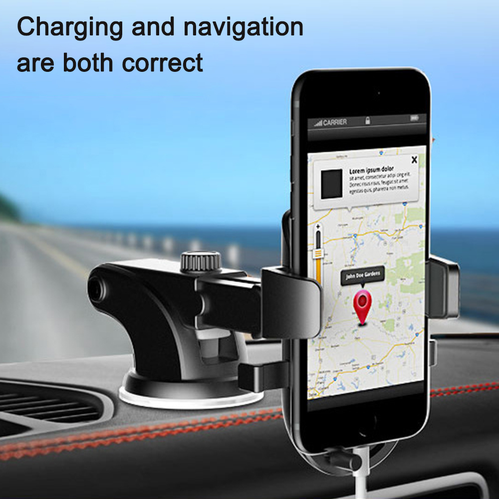Ein Telefon in einer Autohalterung zeigt eine Karte an. Die Halterung ist schwarz und am Armaturenbrett befestigt. Der Text oben lautet 'Aufladen und Navigation sind beide korrekt'.