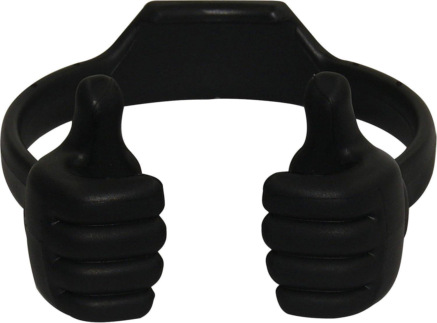 Schwarzer Handyhalter aus Kunststoff. Zwei Daumen hoch bilden einen Halter. Gebogene Stütze oben. Weißer Hintergrund.