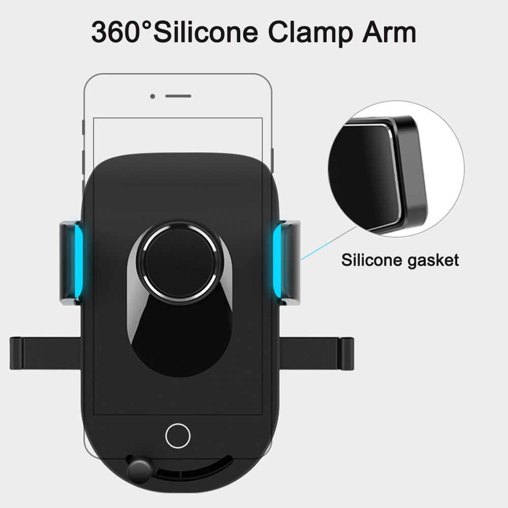 Ein schwarzer Telefonhalter mit blauen Akzenten hält ein Telefon. Eine Silikondichtung ist abgebildet. Der Titel lautet 360° Silicone Clamp Arm.