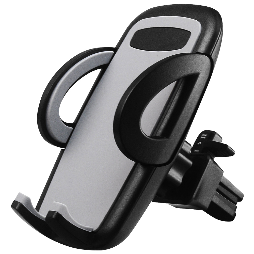 Ein schwarz-grauer Kfz-Telefonhalter. Er hat ein Klemmdesign, um ein Telefon zu halten. Der Halter befindet sich auf weißem Hintergrund.