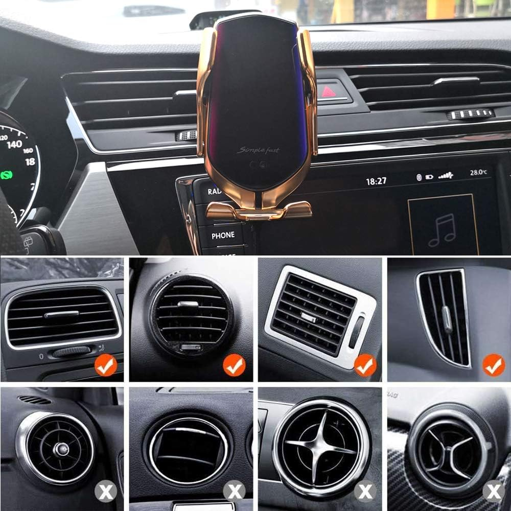 Autoinnenraum mit Telefonhalter, Armaturenbrett mit Display und verschiedenen Lüftungsdesigns. Einige haben Häkchen, andere Xs.