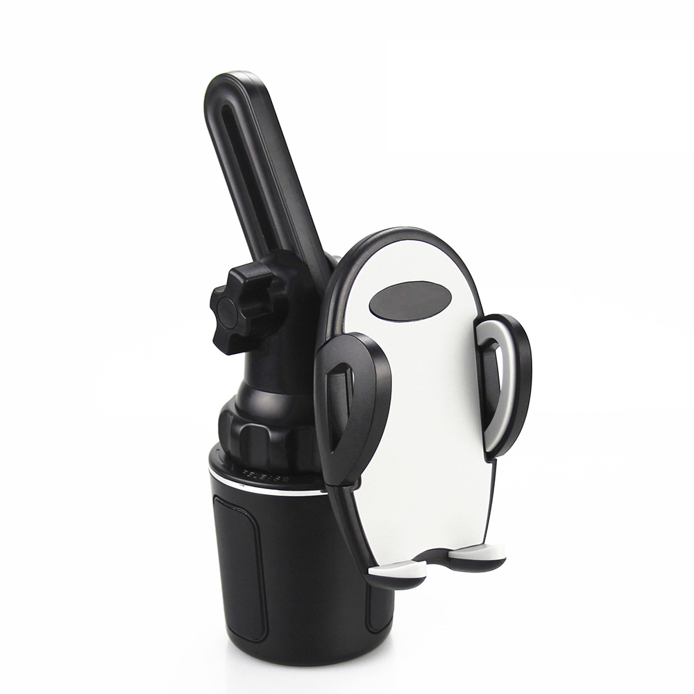 Ein schwarz-weißer Autotelefonhalter. Er hat eine Becherhalterbasis, einen Telefongriff und einen verstellbaren Arm. Er ist vor weißem Hintergrund platziert.
