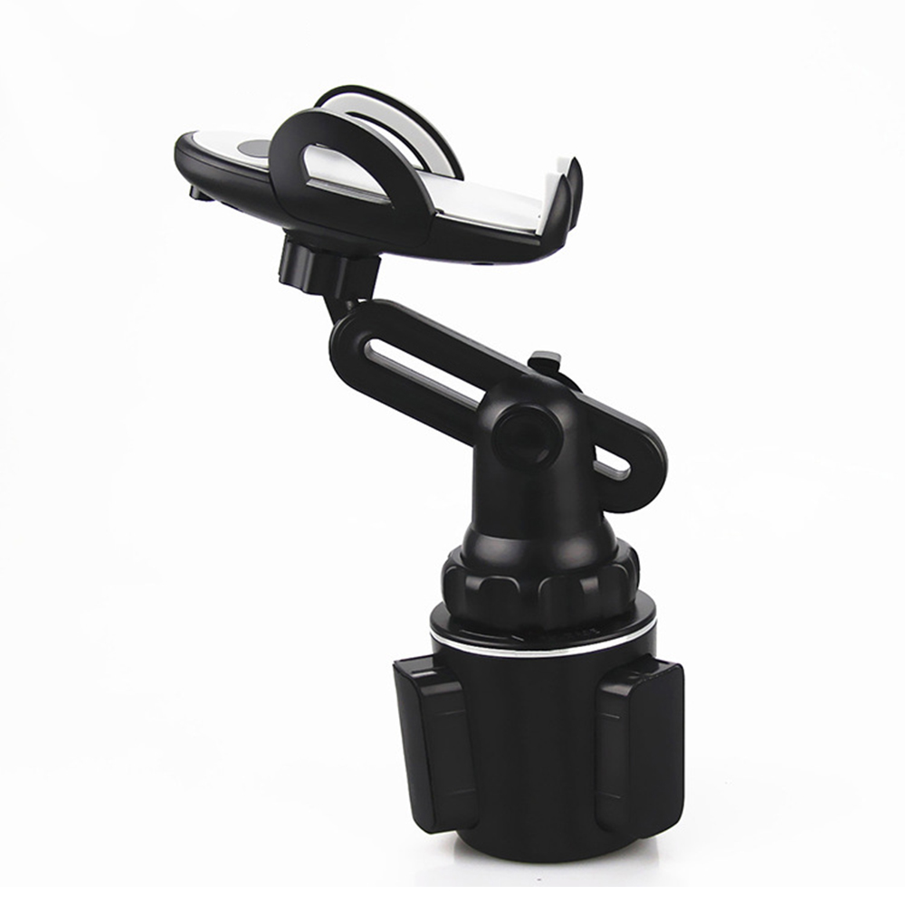 Ein schwarzer Autotelefonhalter. Er hat einen verstellbaren Arm und eine Becherhalterbasis. Der Telefonhalter ist weiß und schwarz.