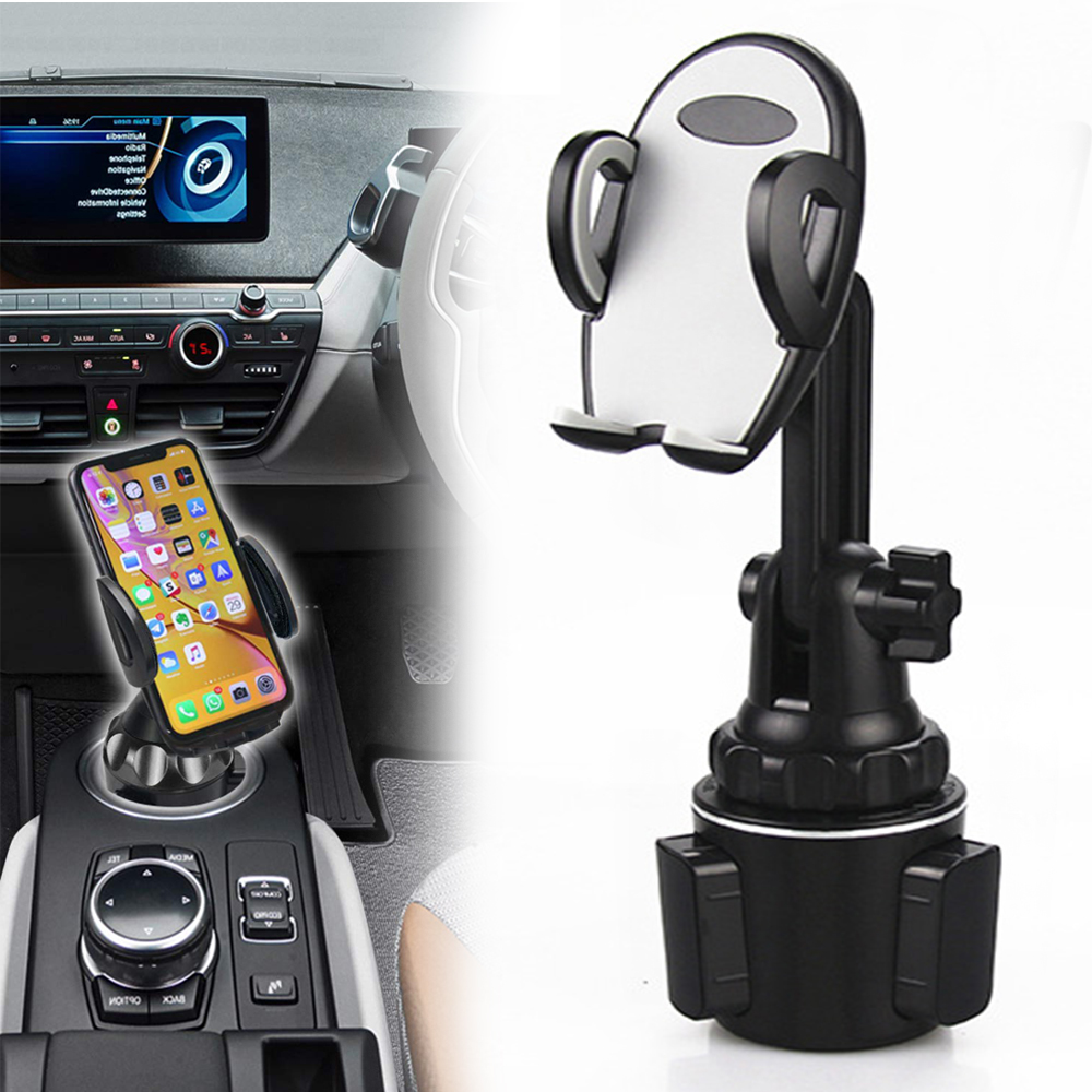Ein Telefon in einer Autohalterung, mit Apps auf dem Bildschirm. Die Halterung ist schwarz und silbern. Hintergrund: Auto Innenraum.