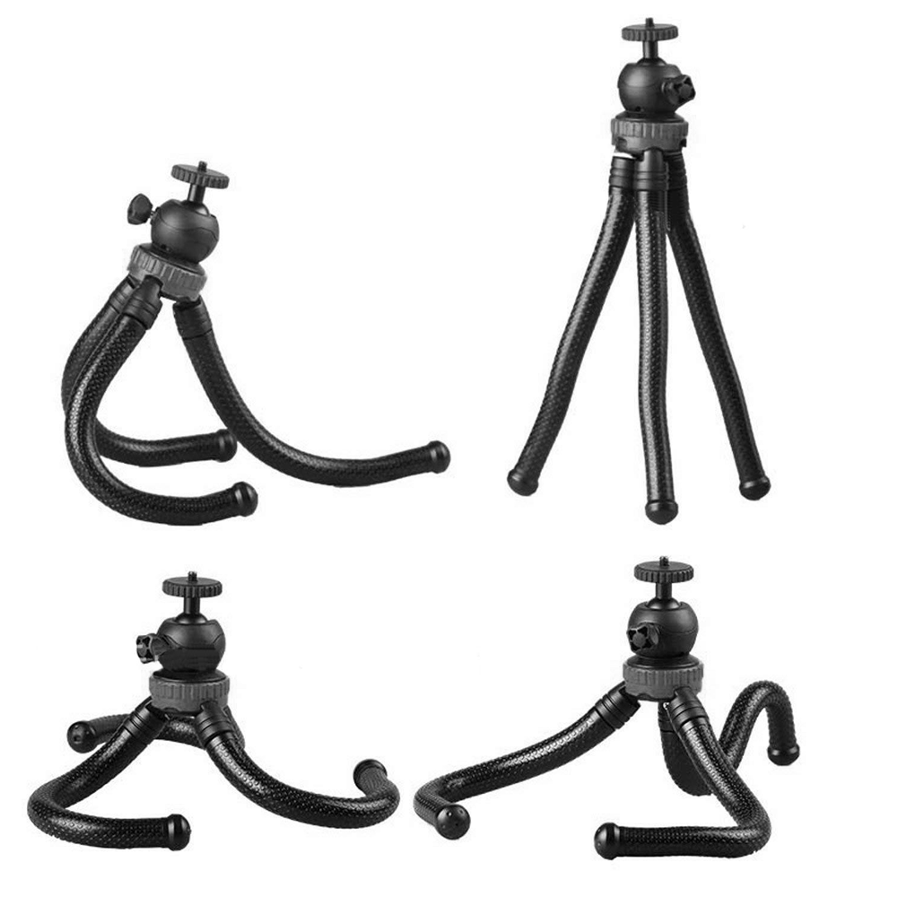 Vier schwarze, flexible Stative sind abgebildet. Jedes hat einen Kugelkopf und drei Beine. Die Beine sind biegsam und haben eine strukturierte Oberfläche.