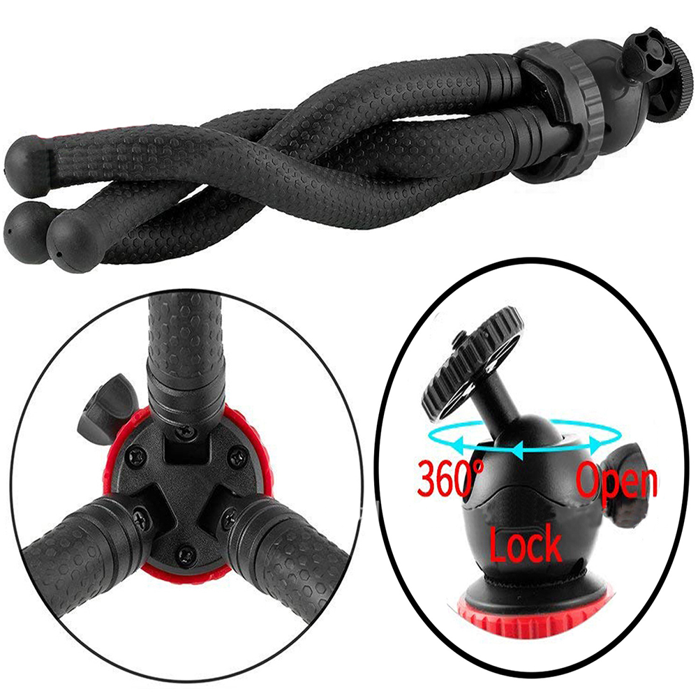 Ein schwarzes Stativ mit flexiblen Beinen, einer roten Basis und einem um 360 Grad drehbaren Kopf für eine Kamera.