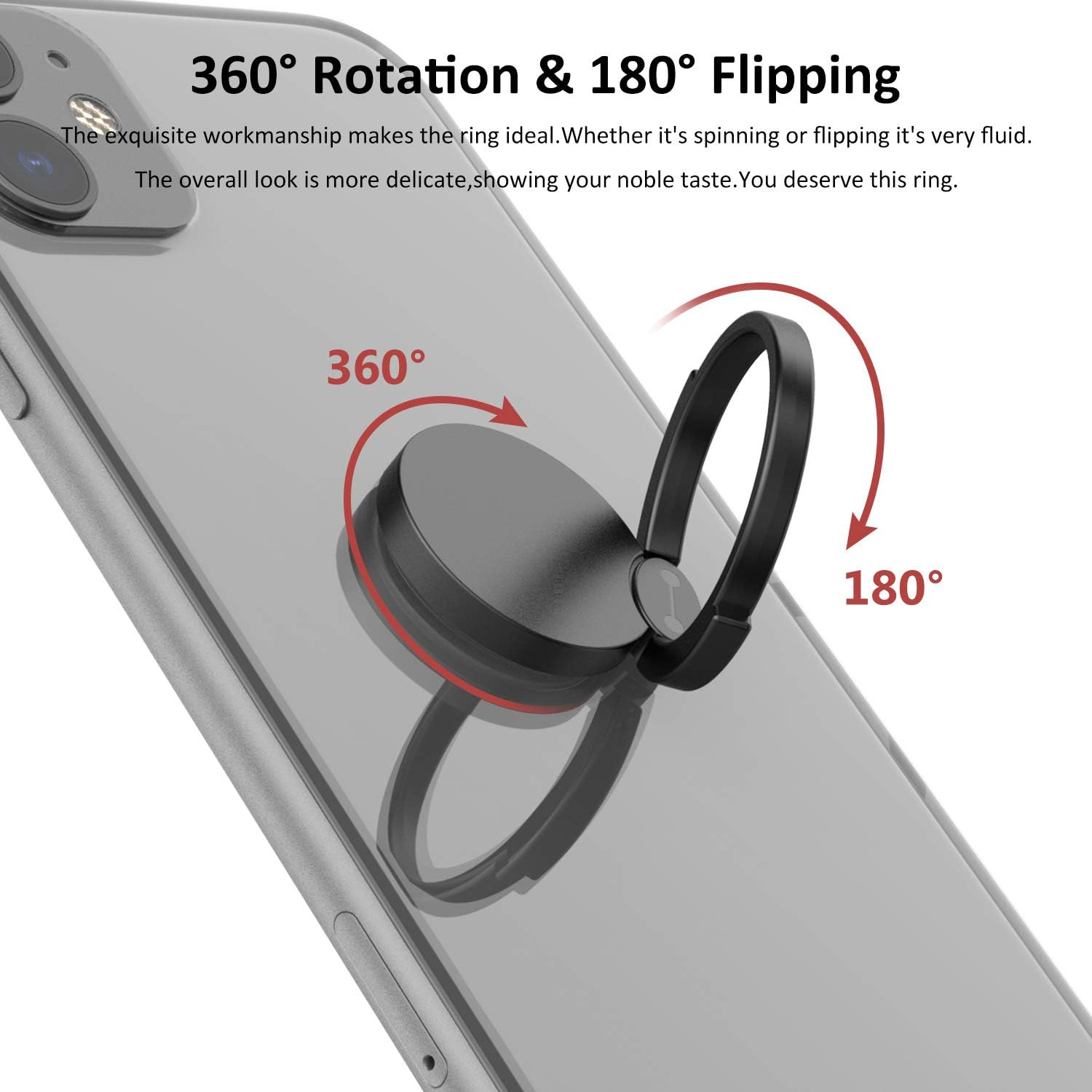 Ein schwarzer Telefonringständer ist an einem Telefon befestigt. Es zeigt 360- und 180-Grad-Rotationsfähigkeiten mit Pfeilen.