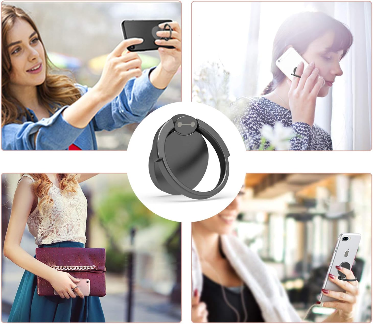 Das Bild zeigt Frauen, die Telefone mit Ringhaltern benutzen. Eine Frau macht ein Selfie, eine andere telefoniert, andere halten Telefone mit Hüllen.