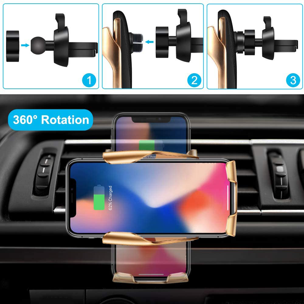 Eine Telefonhalterung im Auto. Die Halterung hält ein Telefon, das einen Ladebildschirm anzeigt. Die Halterung ist schwarz und gold.