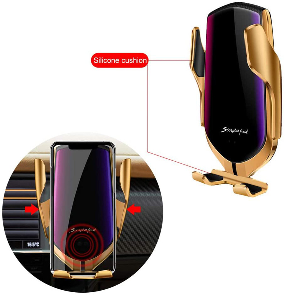 Ein gold-schwarzer Autotelefonhalter mit einem Telefon darin und eine Nahaufnahme des Armaturenbretts.