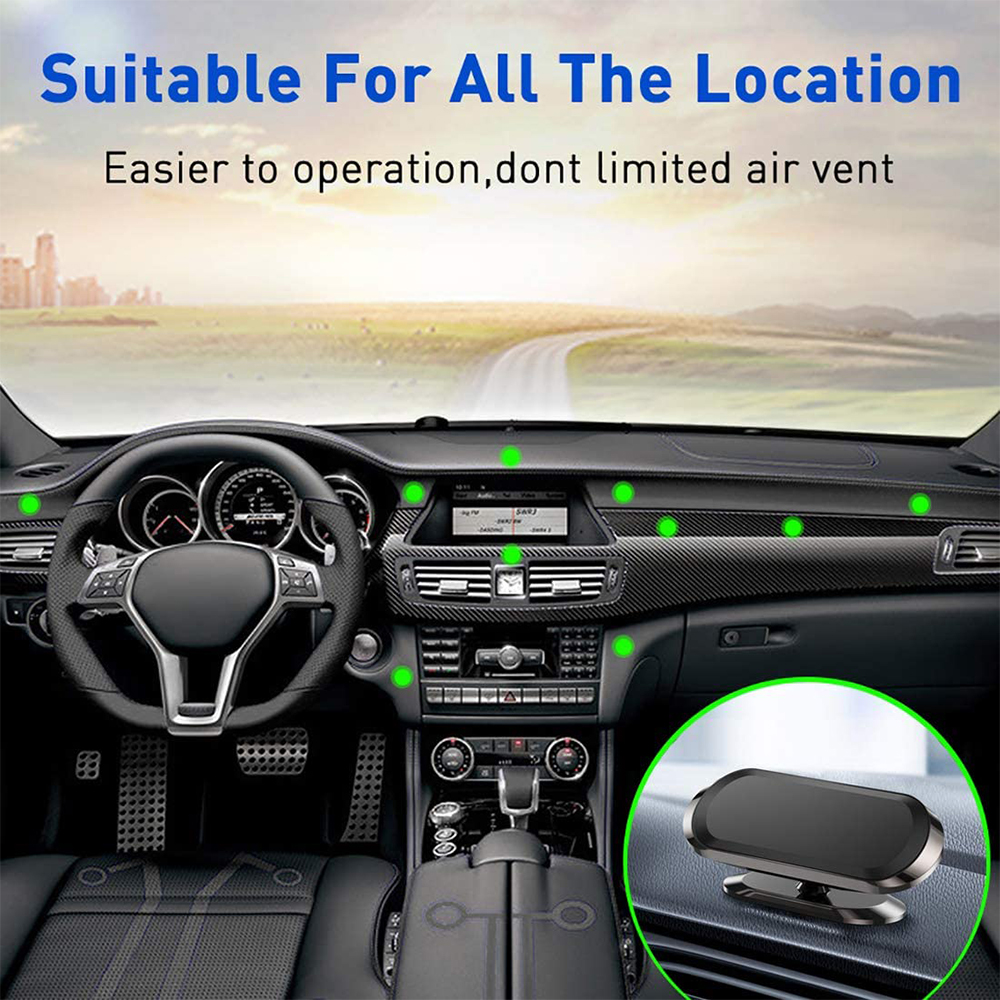 Autointerieur mit Armaturenbrett und Lenkrad. Text: 'Geeignet für jeden Standort'. Ein magnetischer Telefonhalter ist sichtbar.