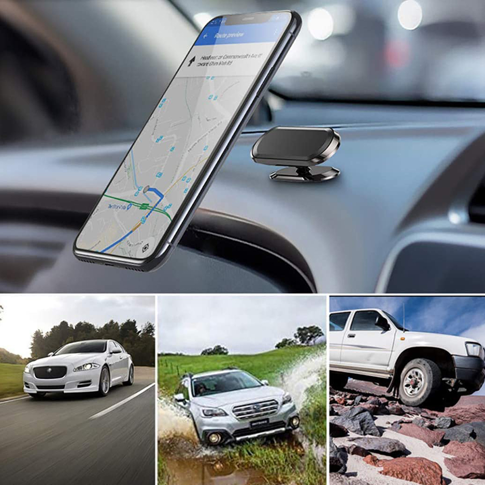 Ein Smartphone auf einem Armaturenbrett zeigt eine Karte. Unten sind Bilder von Autos: ein weißer Jaguar, ein silberner SUV im Wasser und ein weißer SUV auf Felsen.