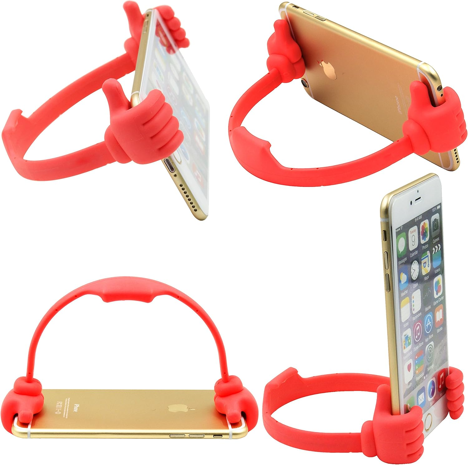 Vier Ansichten eines roten Daumen-hoch-Telefonhalters, der ein goldenes iPhone unterstützt. Arme umfassen das Telefon.
