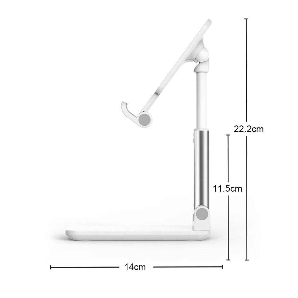Weiß-silberner Tablet-Ständer. Er ist 14 cm breit und 22,2 cm hoch. Er ist höhen- und winkelverstellbar.