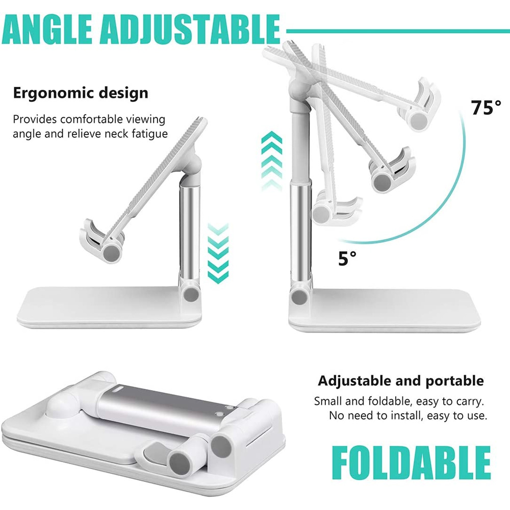 Weiß-silberner, verstellbarer Telefonständer. Text sagt 'Angle Adjustable', 'Ergonomic design' und 'Foldable'.
