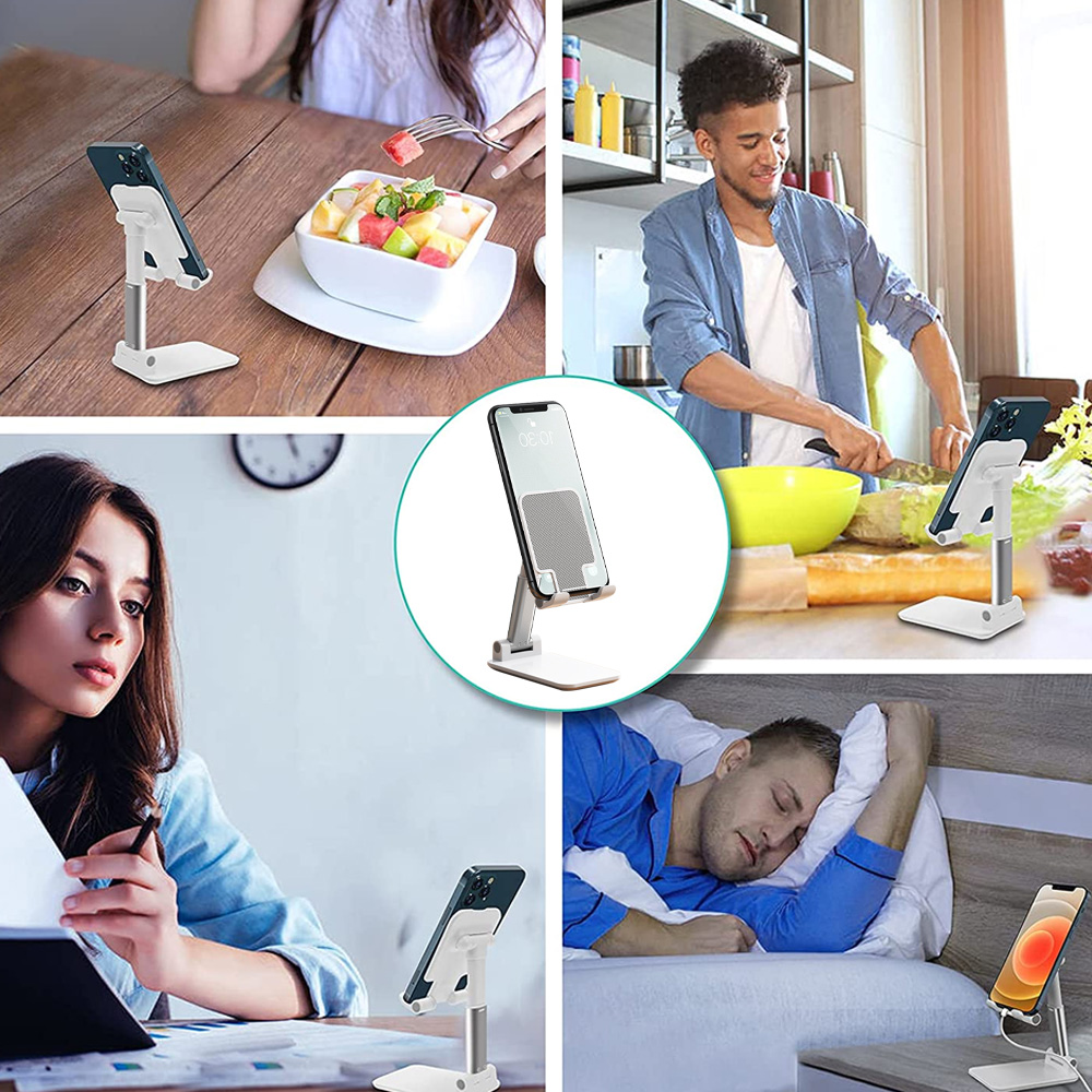 Collage zeigt Telefonständer im Einsatz: Obst essen, kochen, arbeiten und schlafen. Jede Szene hat ein Telefon auf einem Ständer.