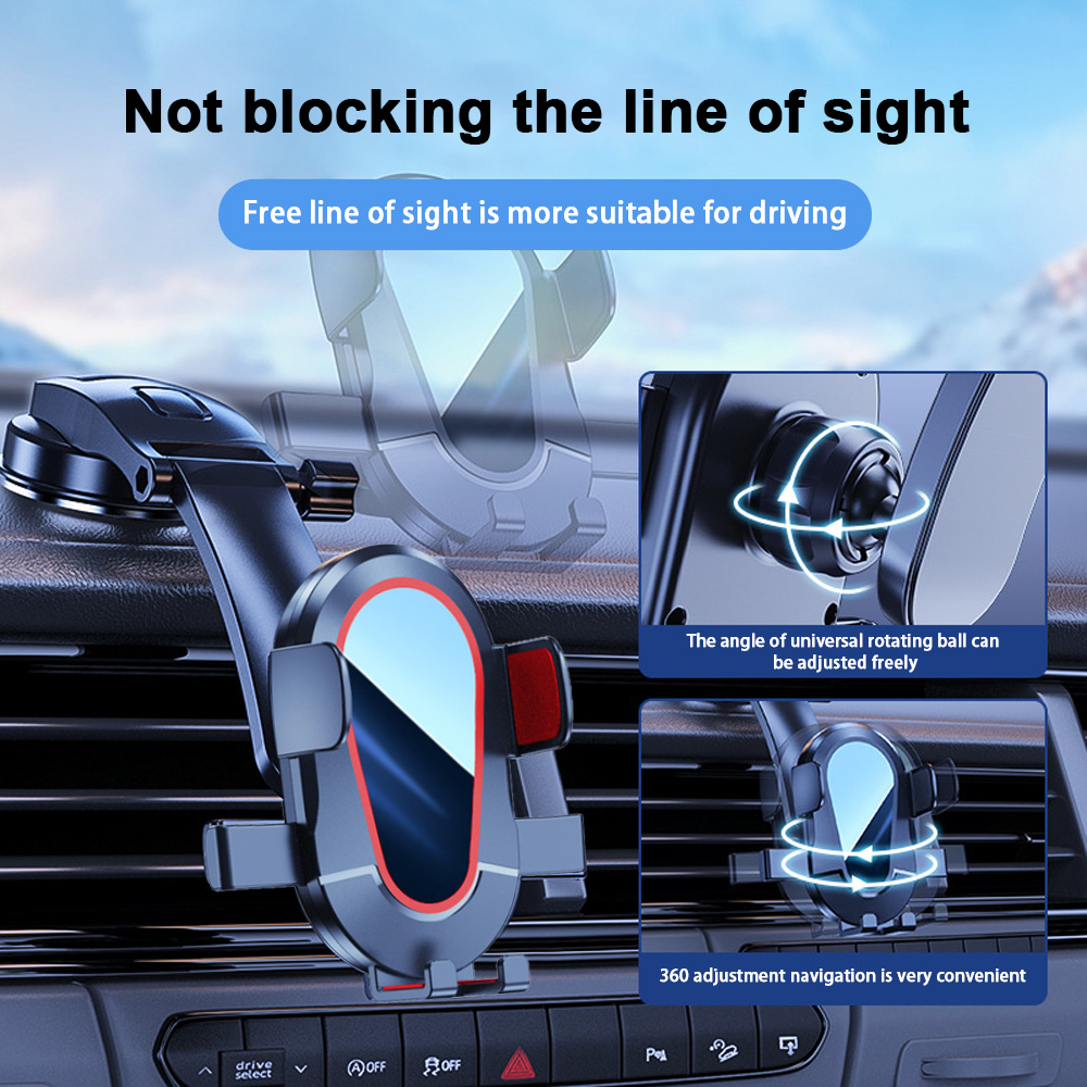 Handyhalterung im Auto am Armaturenbrett montiert. Details zeigen 360°-Drehung und Text: 'Sicht nicht behindern'.