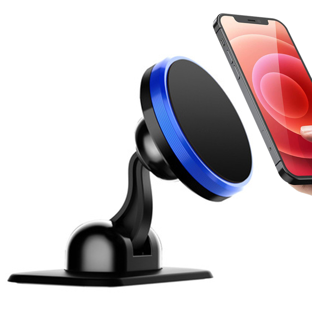 Ein schwarz-blauer Autotelefonhalter mit einem Telefon, das einen roten Bildschirm zeigt.