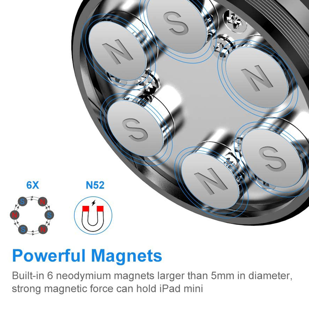 Nahaufnahme von sechs silbernen Magneten mit 'N'- und 'S'-Markierungen. Text zeigt 'Leistungsstarke Magnete' und 'N52'.