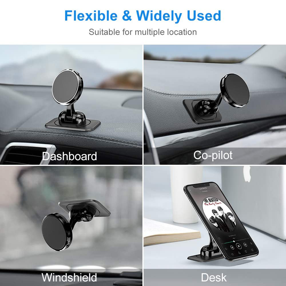 Das Bild zeigt eine Telefonhalterung in Auto- und Schreibtischeinstellungen mit dem Text "Flexibel & Weit verbreitet". Es zeigt es im Armaturenbrett, Beifahrer, Windschutzscheibe und Schreibtisch.