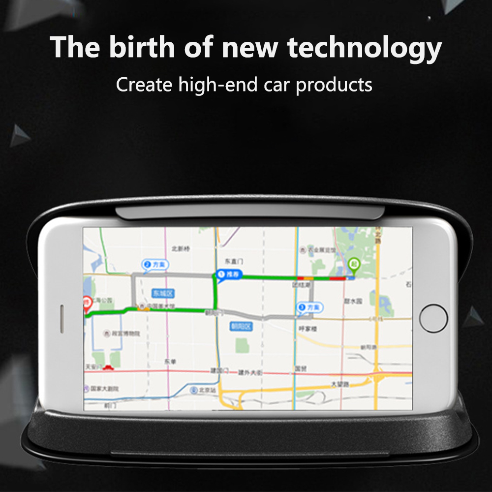 Ein Smartphone zeigt eine Navigationskarte, montiert auf einem schwarzen Ständer. Text oben: „Die Geburt neuer Technologie“.