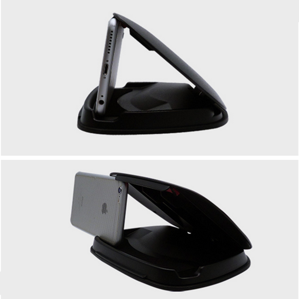 Zwei Bilder eines schwarzen Autotelefonhalters mit einem Telefon. Das Telefon ist silberfarben. Der Halter hat einen Deckel, der geöffnet werden kann.