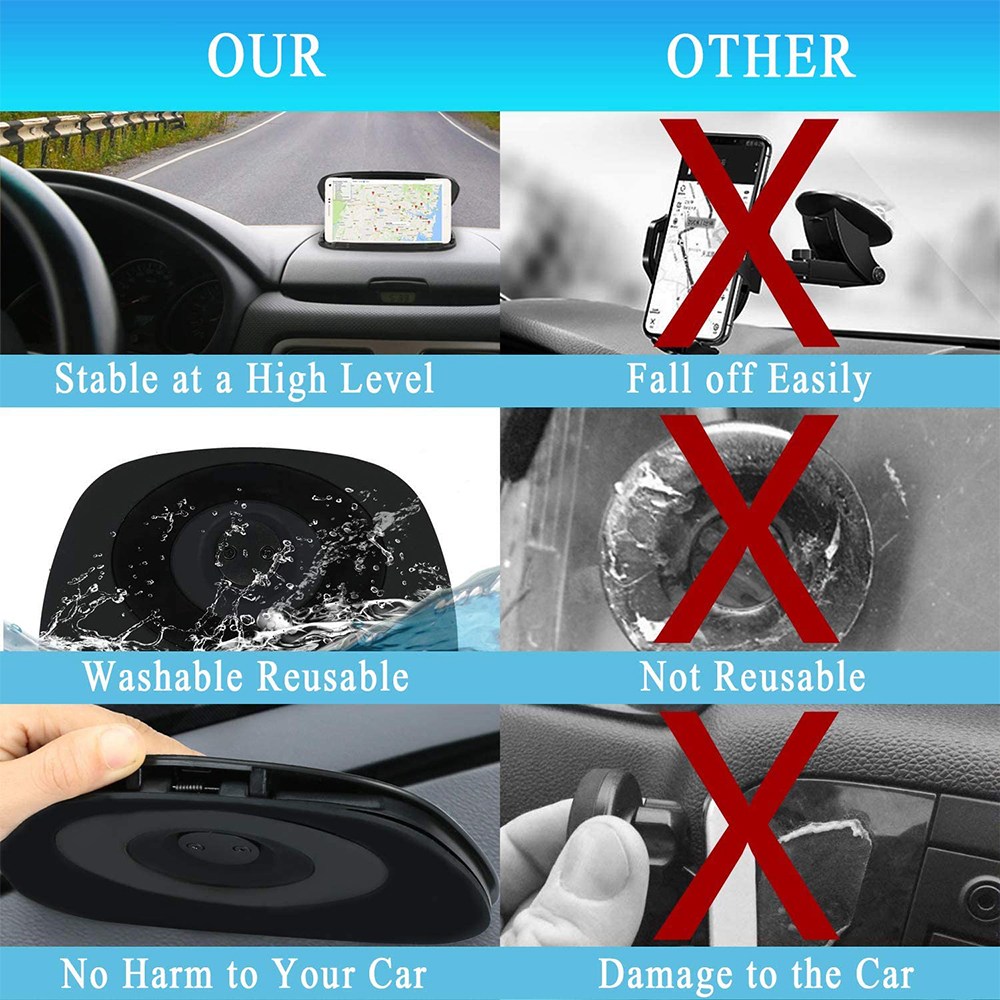 Das Bild vergleicht Handyhalterungen für Autos. Einer ist stabil, waschbar und verursacht keine Schäden. Der andere fällt ab, ist nicht wiederverwendbar und beschädigt das Auto.