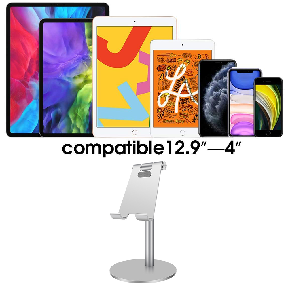 Das Bild zeigt verschiedene Tablets und Telefone mit einem Ständer im Vordergrund. Der Text lautet 'compatible 12.9"–4"'.
