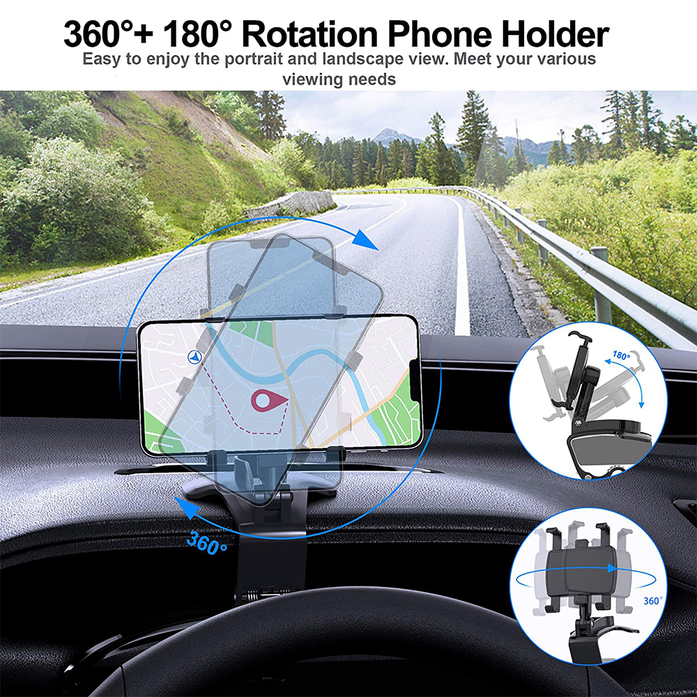 Telefonhalterung im Auto. Telefon zeigt Karte. Straße im Hintergrund. Text zeigt 360° und 180° Drehung. Halterung im Detail.