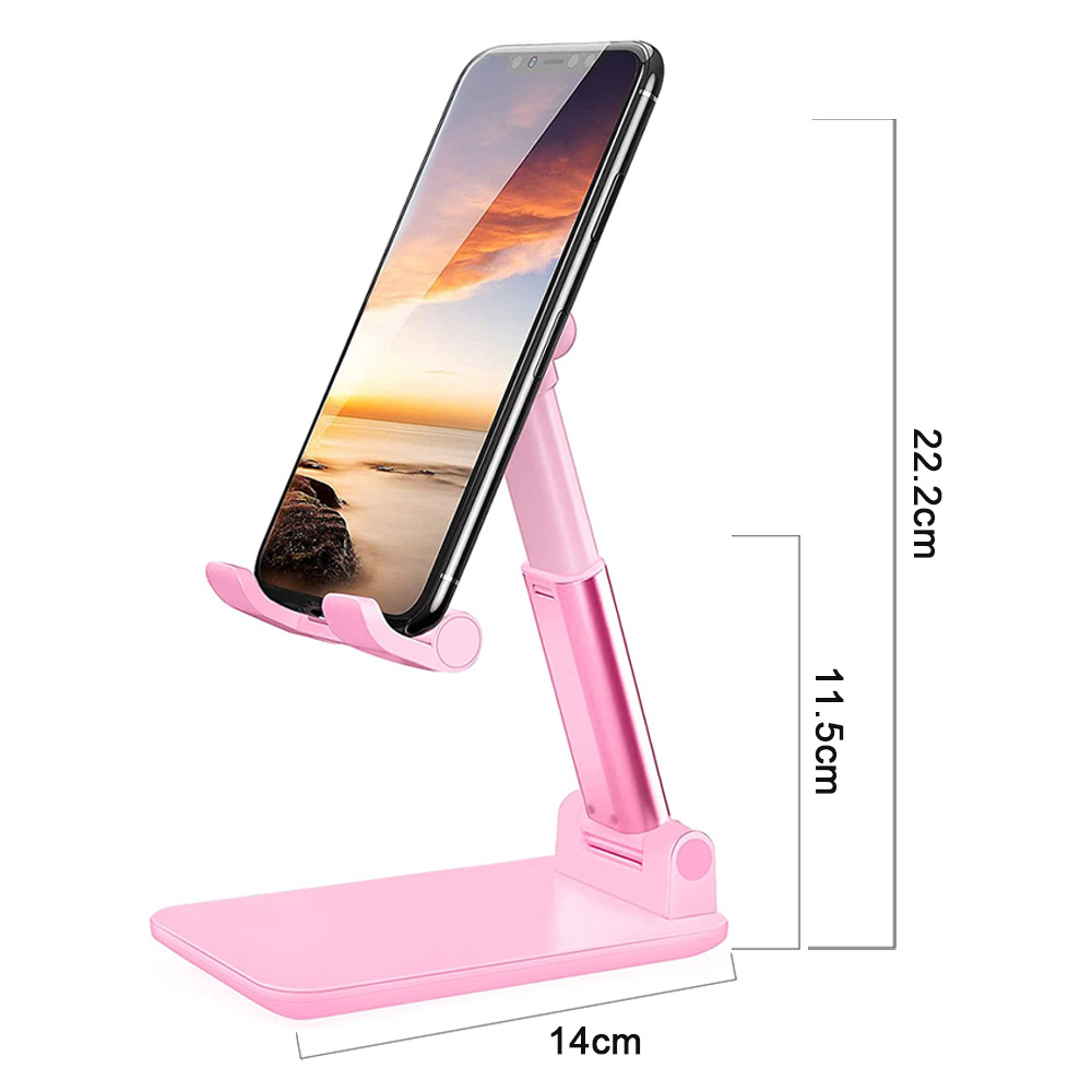 Ein rosa Telefonständer, der ein Telefon hält. Abmessungen sind beschriftet: 14 cm Basis, 11,5 cm Höhe und 22,2 cm Gesamthöhe.